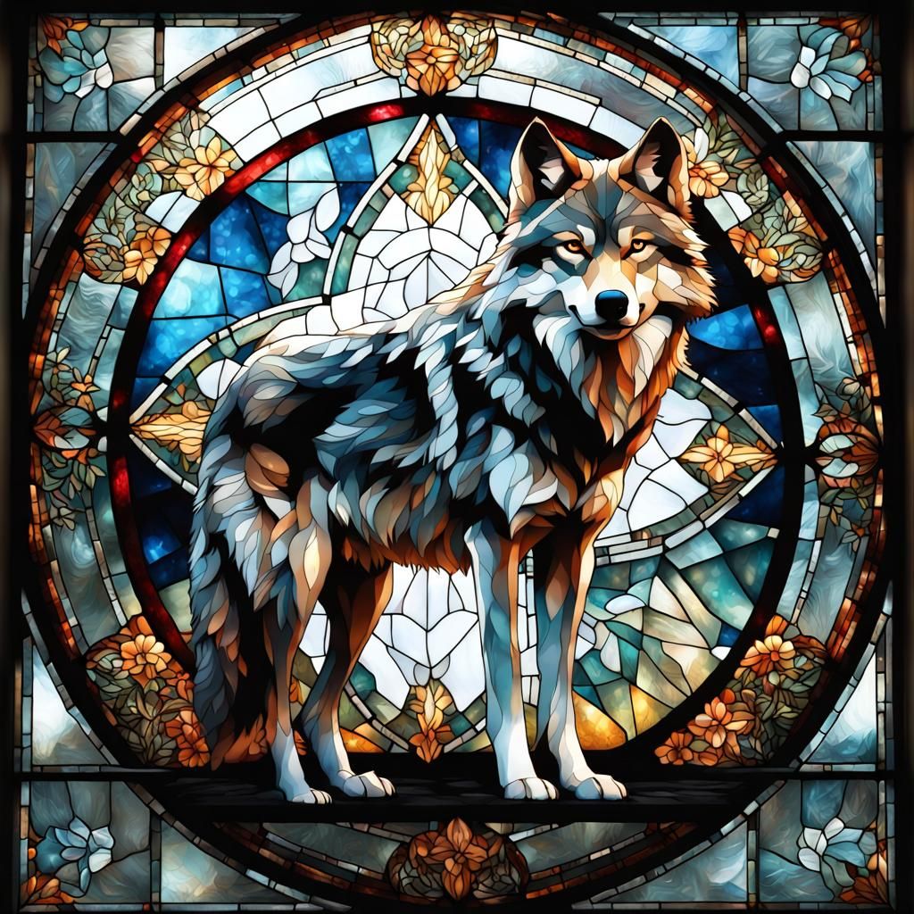 Stained Glass Wolf with Flowers and Constellations