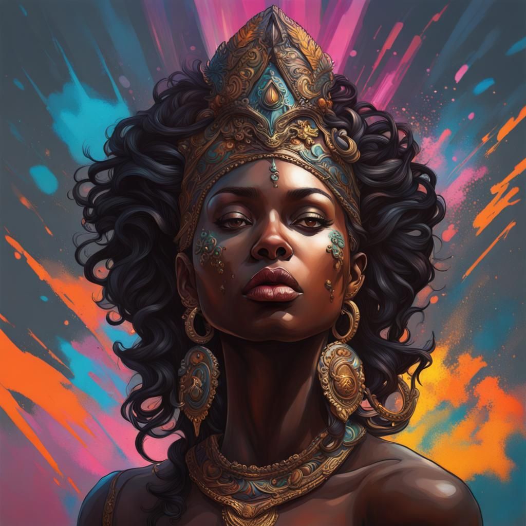 Hyperrealistic Black Goddess in Splash Art Style