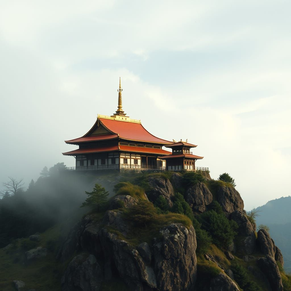 Mountain Monastery Amidst Clouds in Cinematic Style