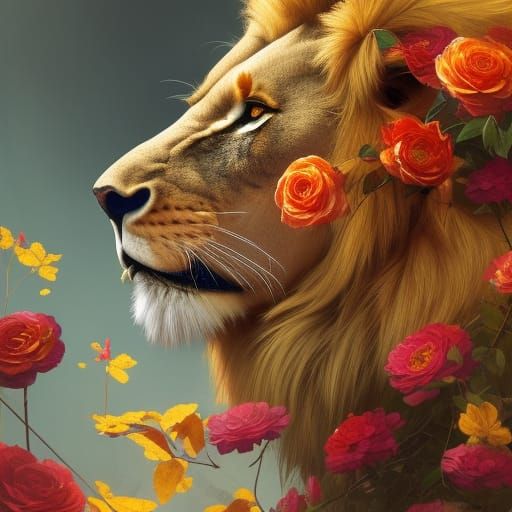 Ornate Lion Portrait with Birds and Flowers