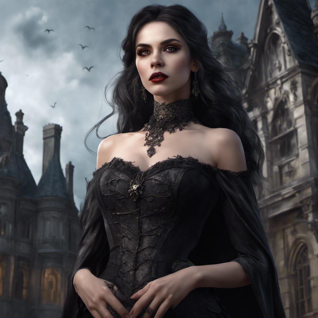 Beautiful Vampire in Gothic Dress, Hyperrealistic Style