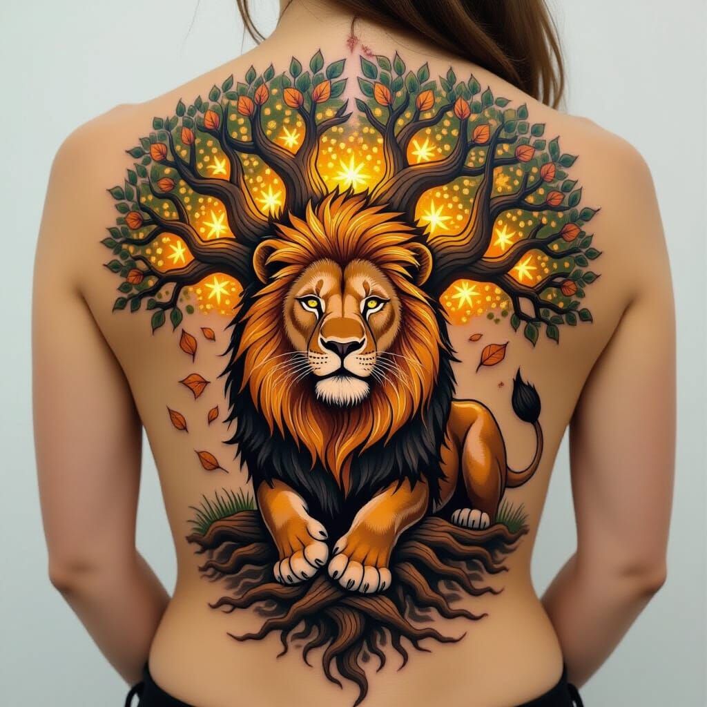 Lion and Oak Tree Tattoo in Hyperrealistic Style