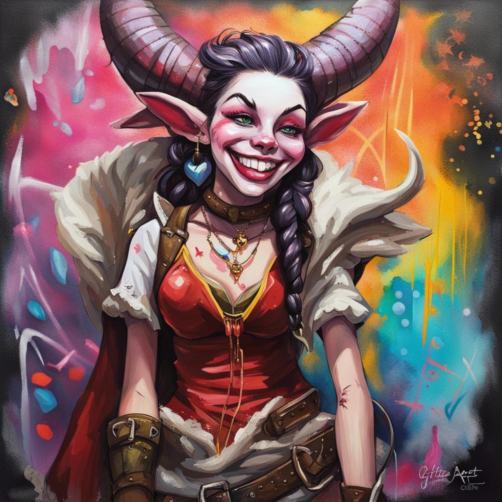 Tiefling Bard Portrait in Graffiti Art Style