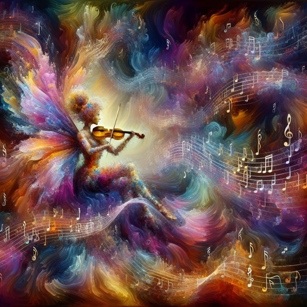 Ethereal Fairy Plays Golden Violin Amidst Whirling Musical N...