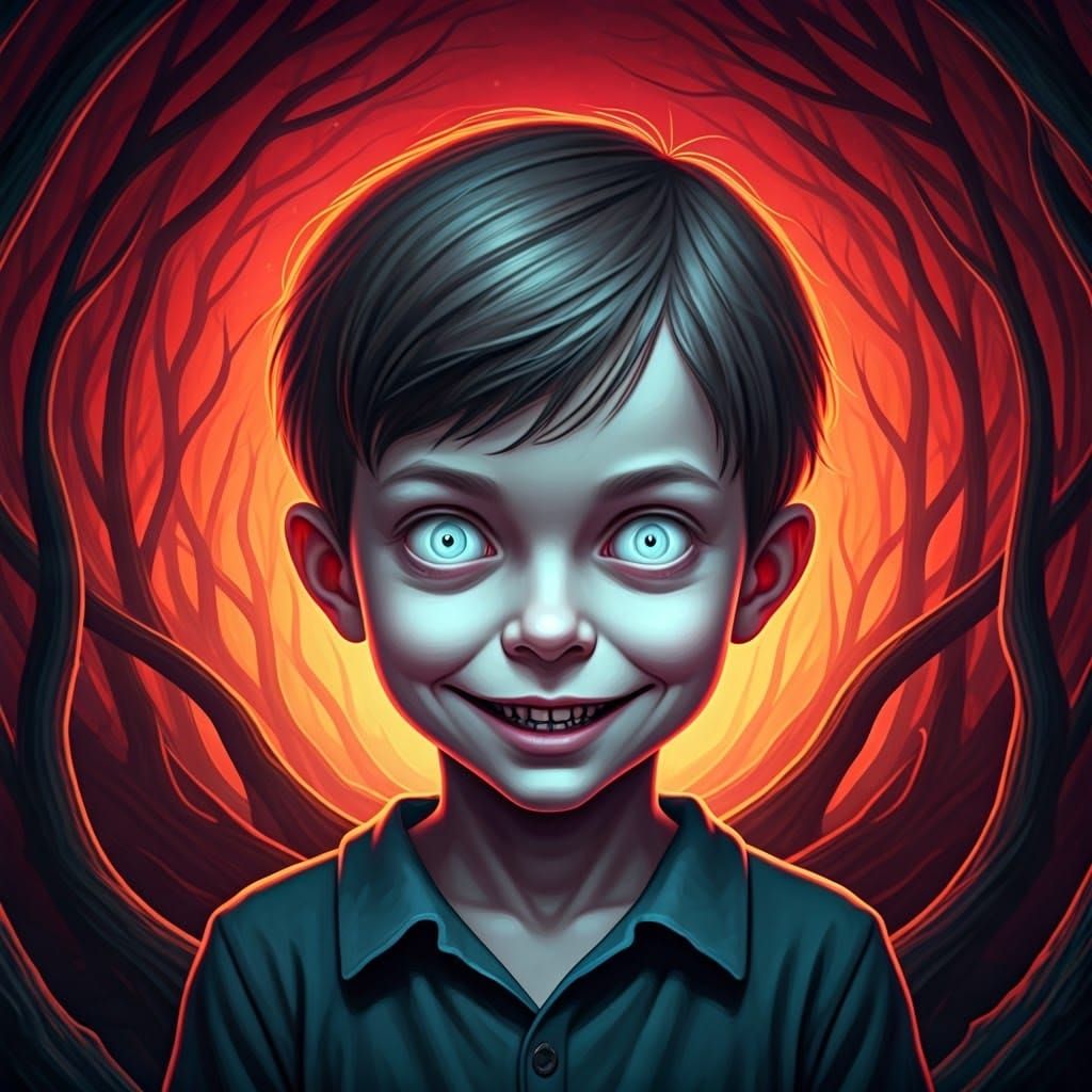 Eerie Boy with Glowing Eyes in Gothic Landscape