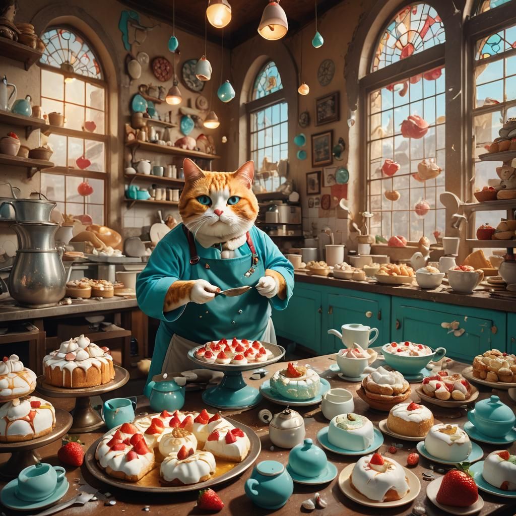 Mischievous Cat Pastry Chef in Fantasy Bakery