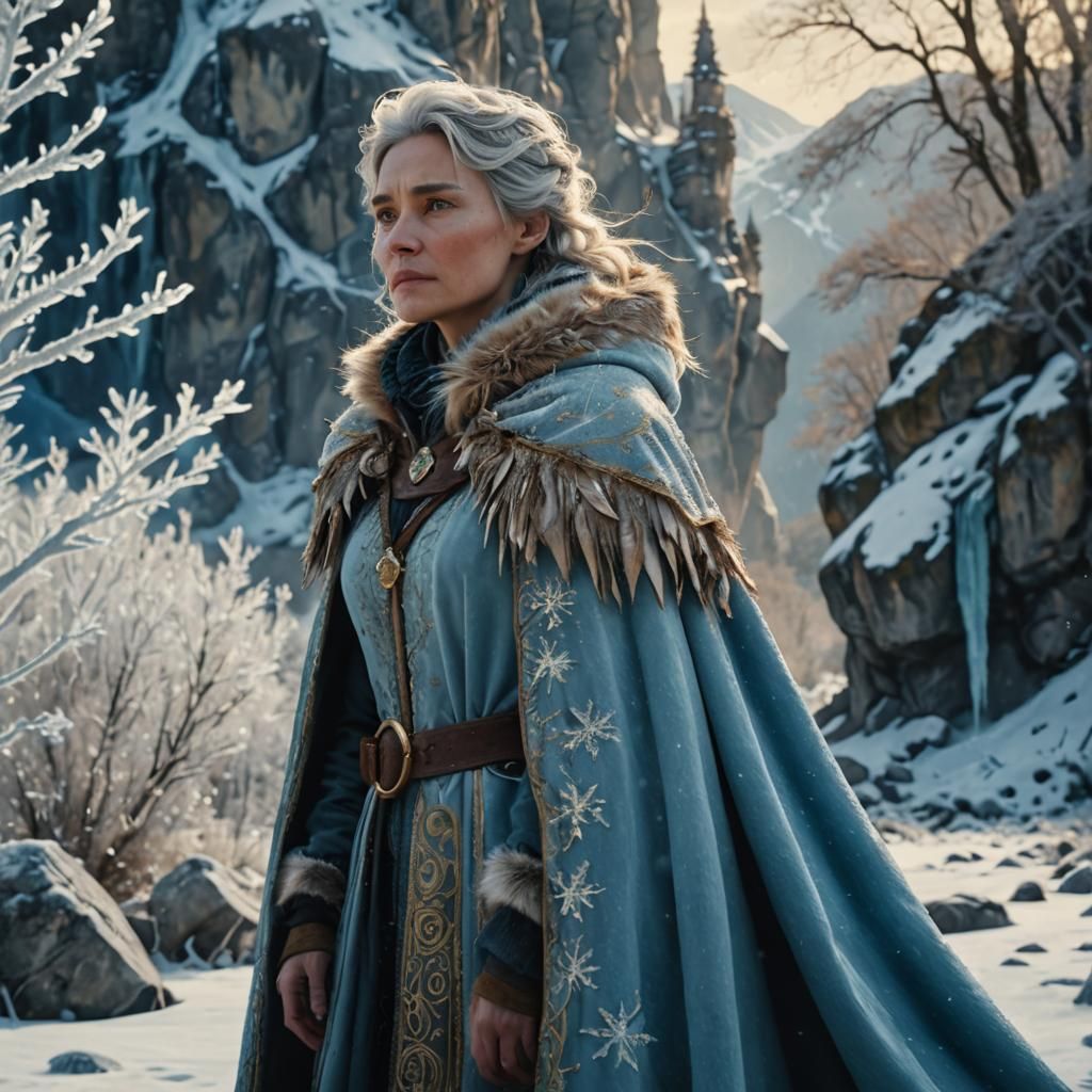 Regal Woman in Frozen Wilderness: Cinematic Still