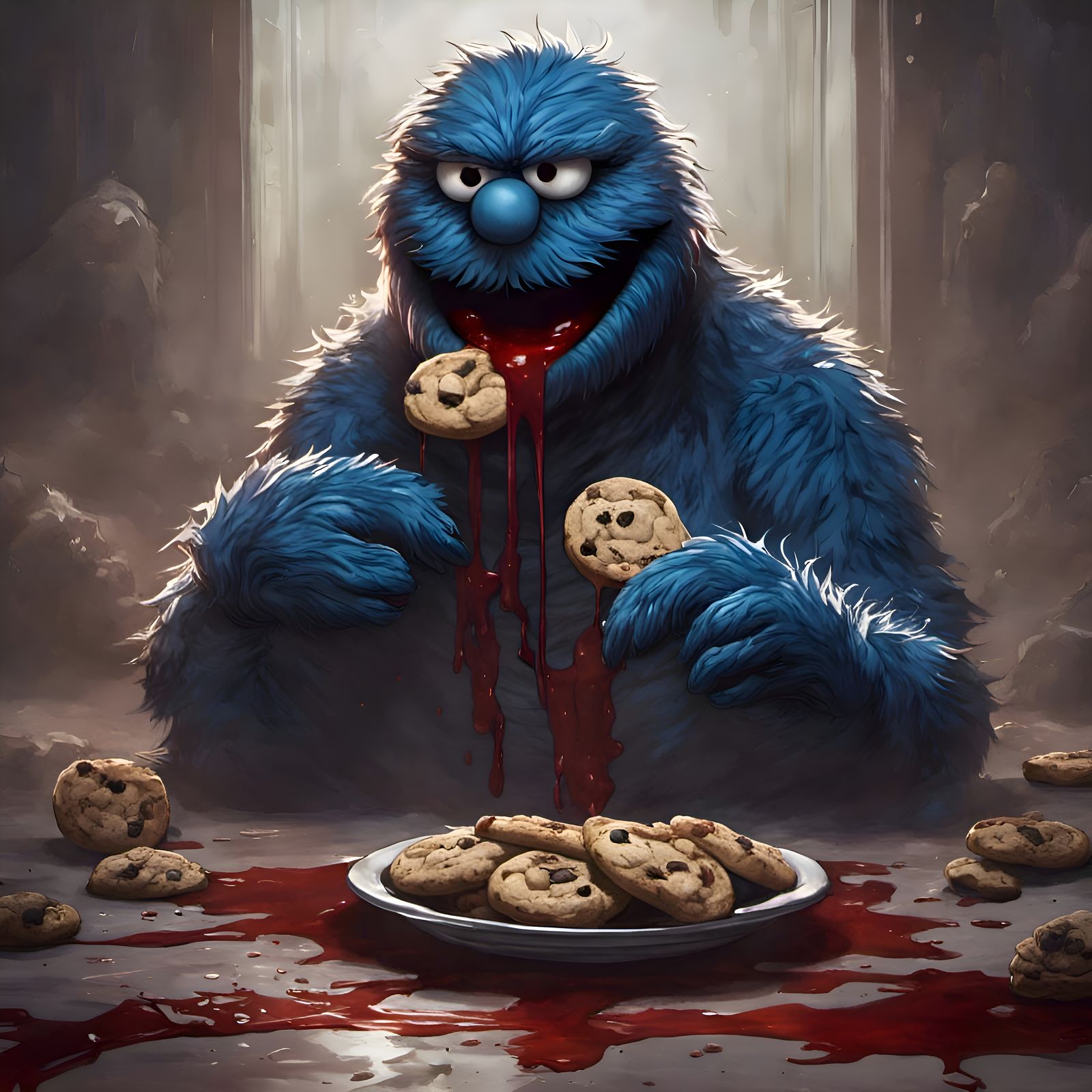 Cookie monster eating cookies dipped in the blood of his victims