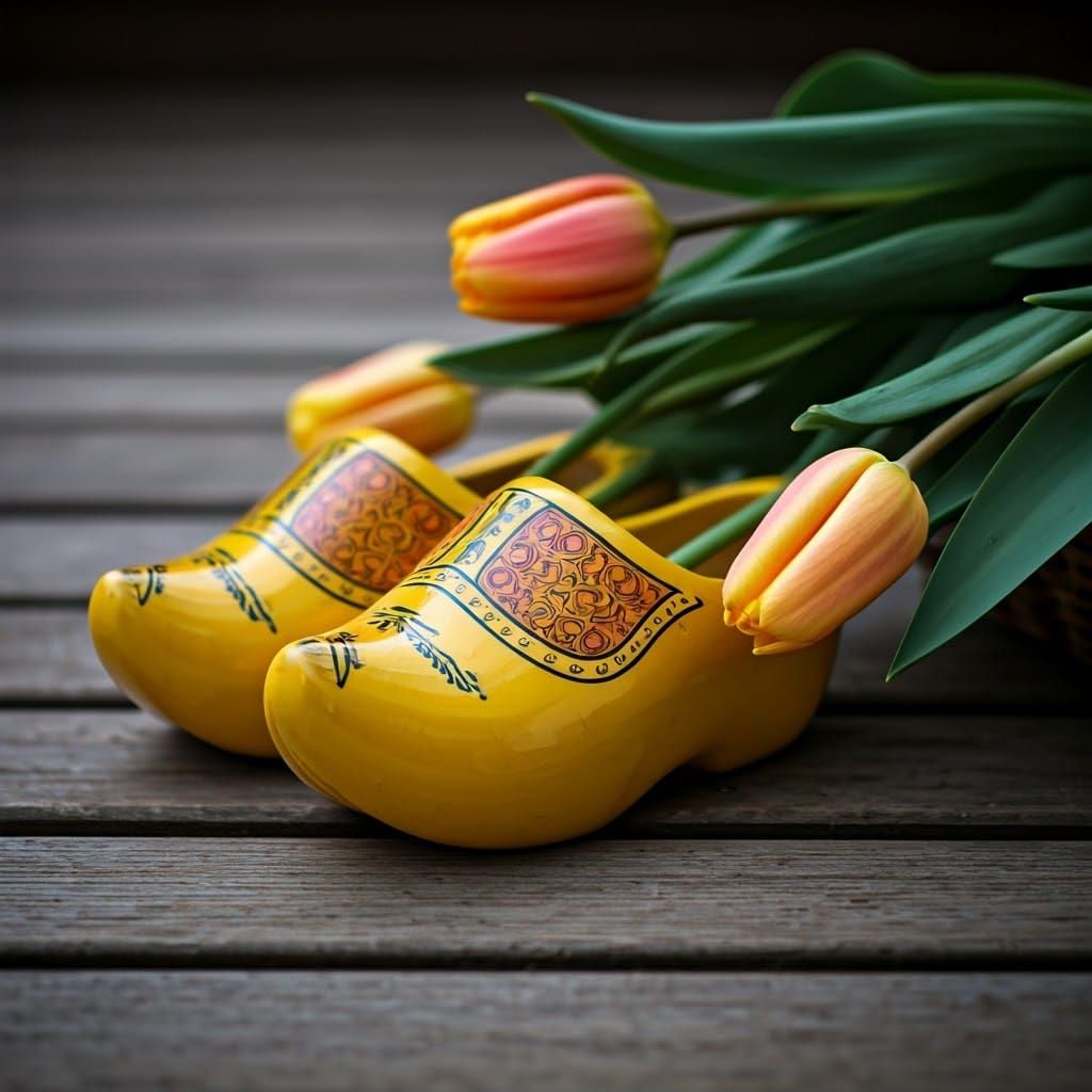 Dutch Yellow Wooden Clogs Amidst Vibrant Tulips