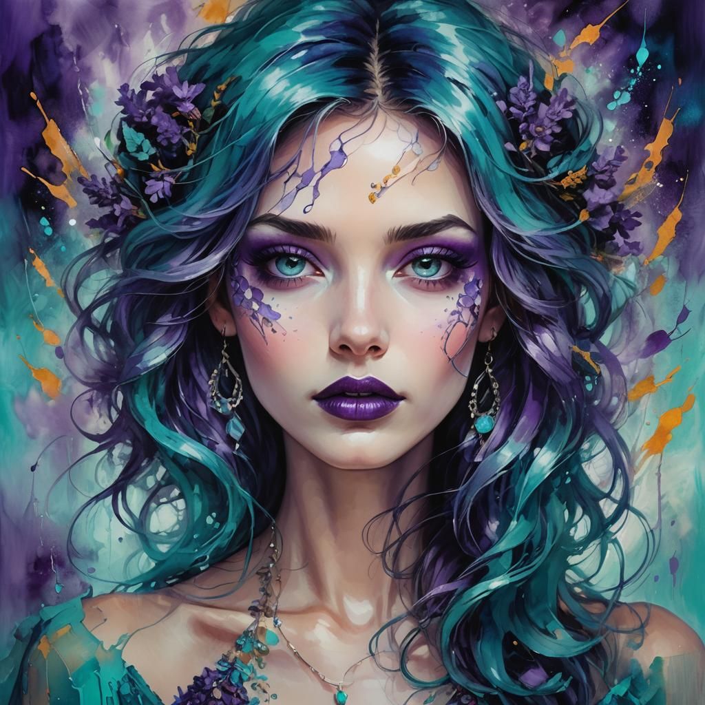 Goddess Portrait with Purple Eyes and Turquoise Hair