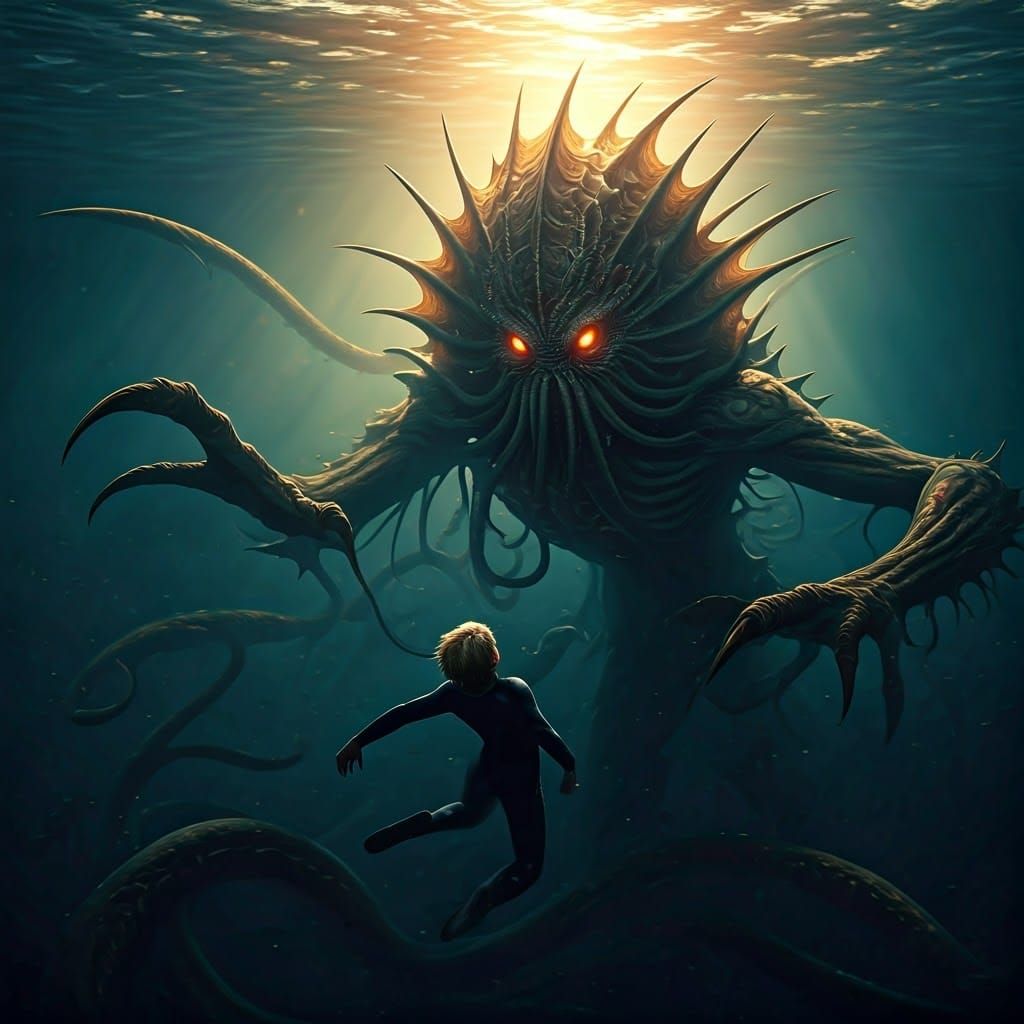 Eldritch Sea Monster Pursues Swimmer in Horror Scene
