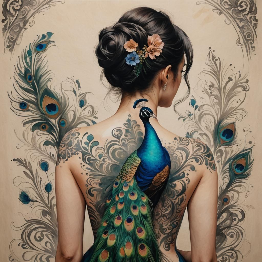 Woman with Peacock Tattoo as Oil Painting