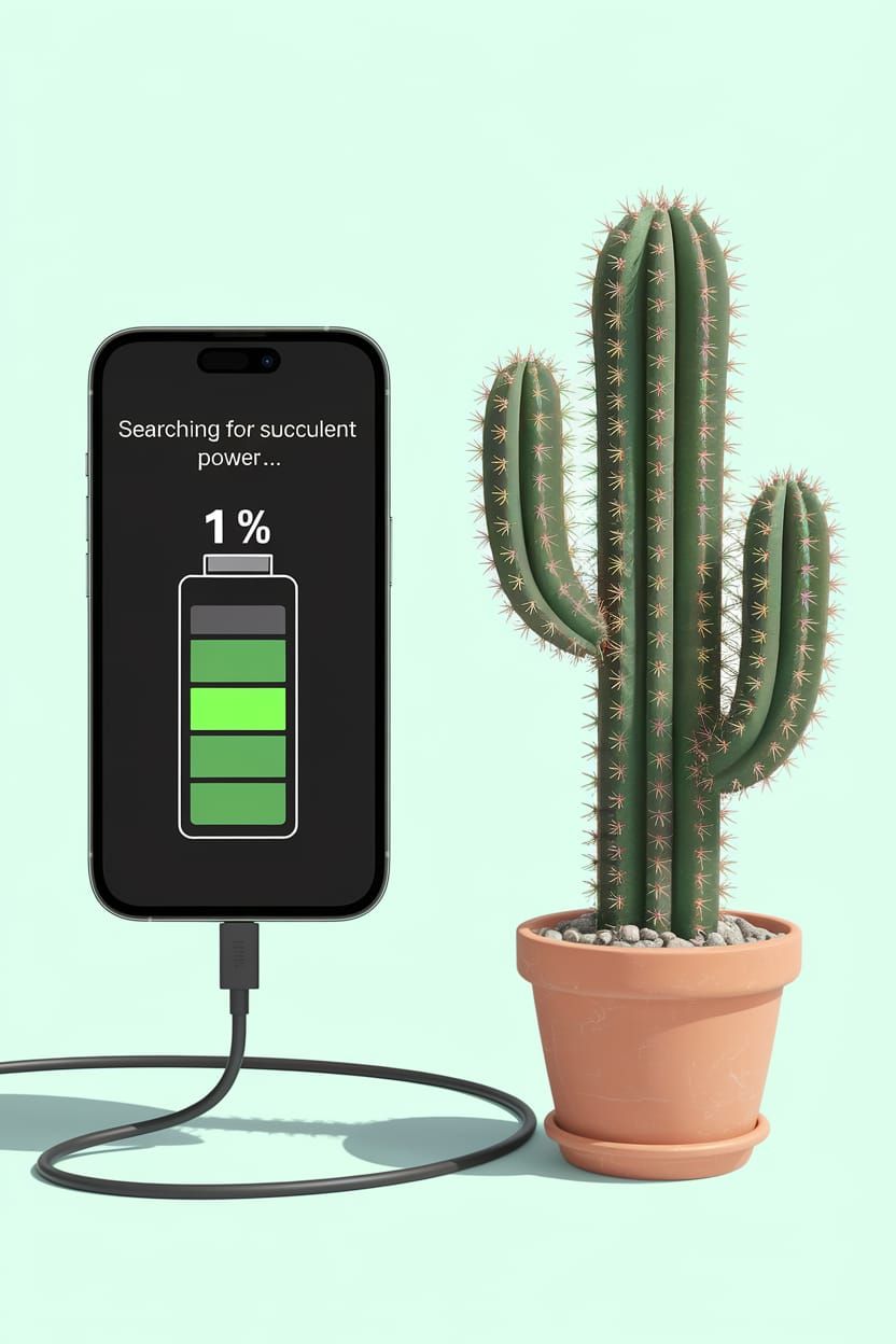 Funny Tech Satire: Cactus Charging Smartphone