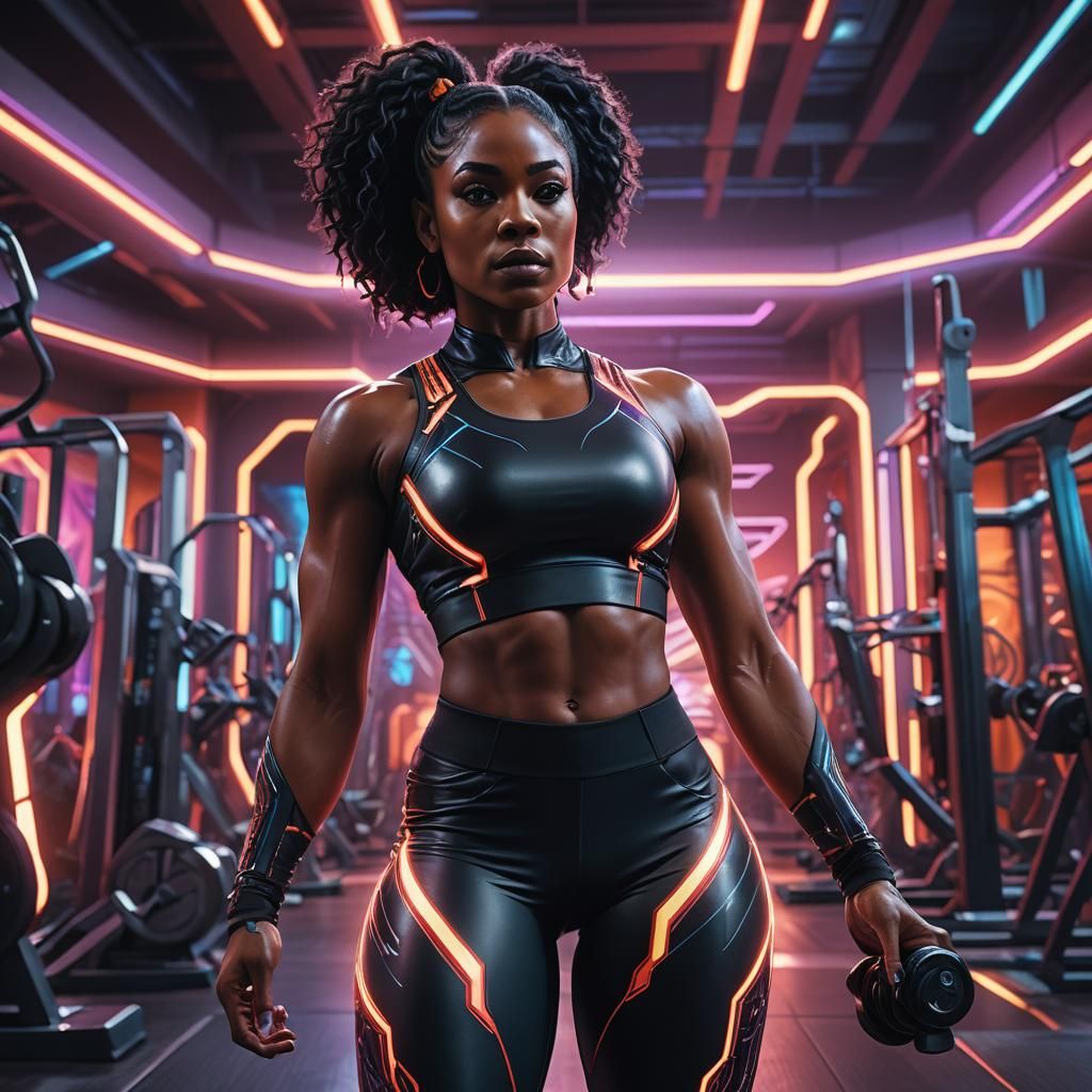 Muscular Woman in Futuristic Gym: Sci-Fi Art