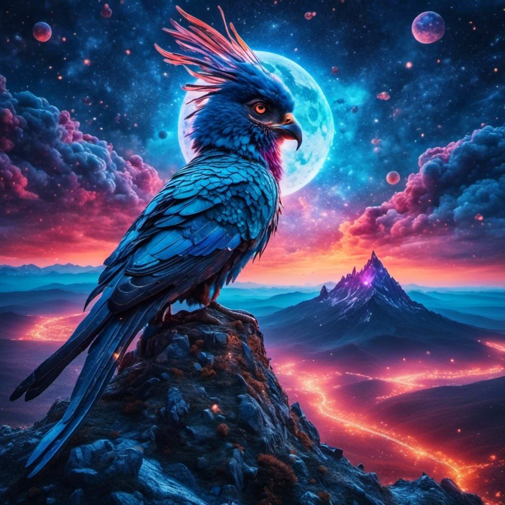 Blue Phoenix Rising: Holographic Astral Illustration