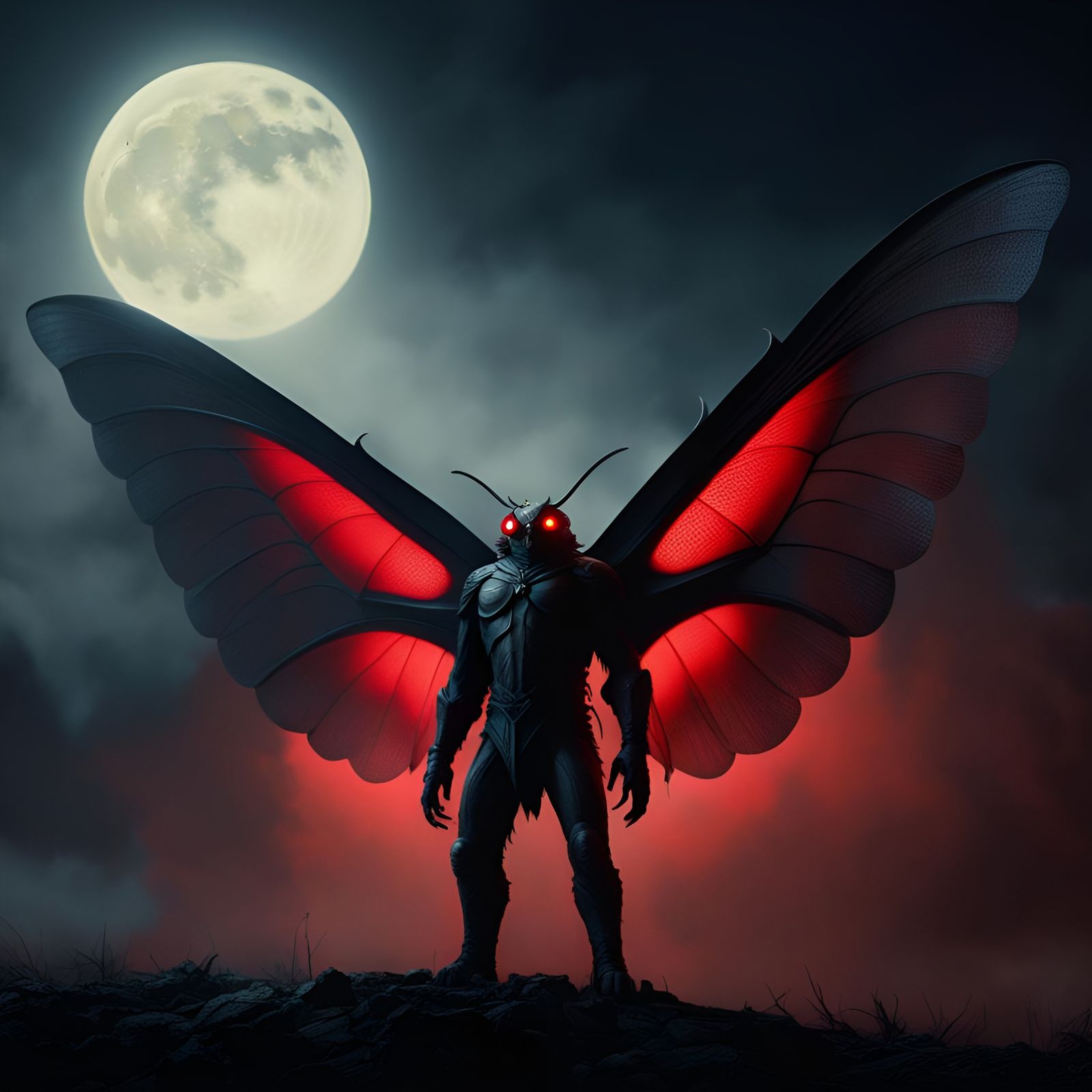 Eerie Mothman with Glowing Eyes in Fantasy Scene