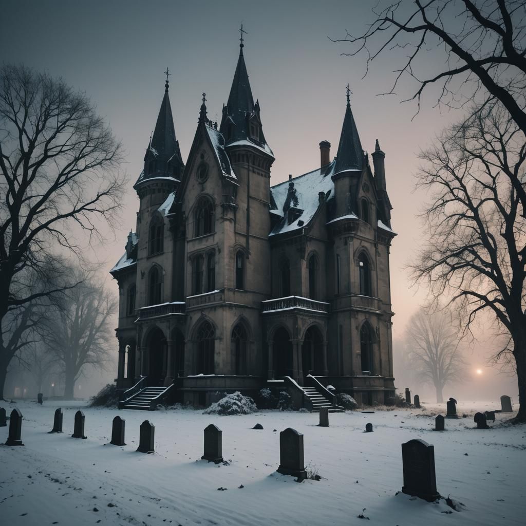 Eerie Neo-Gothic Mansion at Night with Mysterious Light