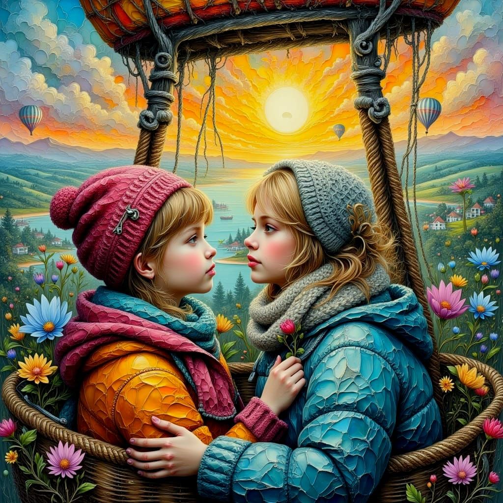 Hot Air Balloon Ride at Fiery Sunrise: Impasto Painting