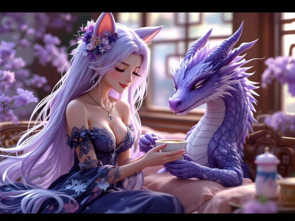 Kitsune and Dragon Share Teatime: Anime Style