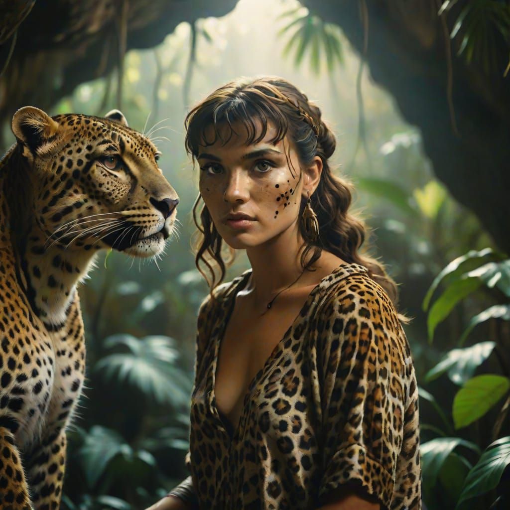 Cave Girl and Leopard in Jungle Film Still