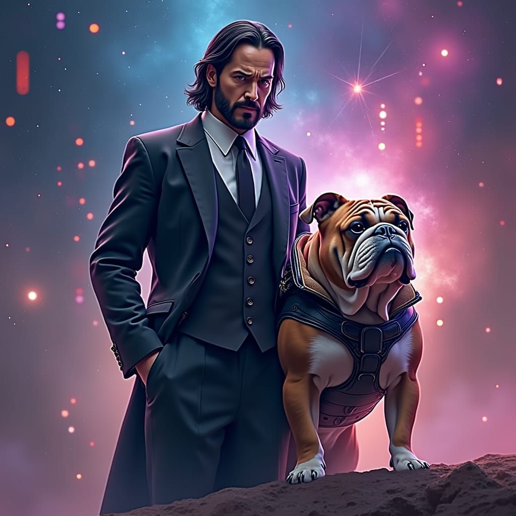 John Wick Protecting Bulldog in Hyperrealistic Portrait