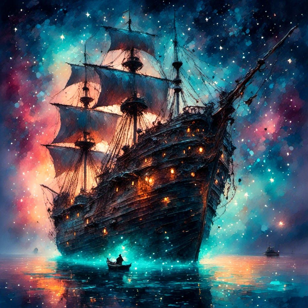 Pirate Ship Sails Bioluminescent Sea Under Galaxy