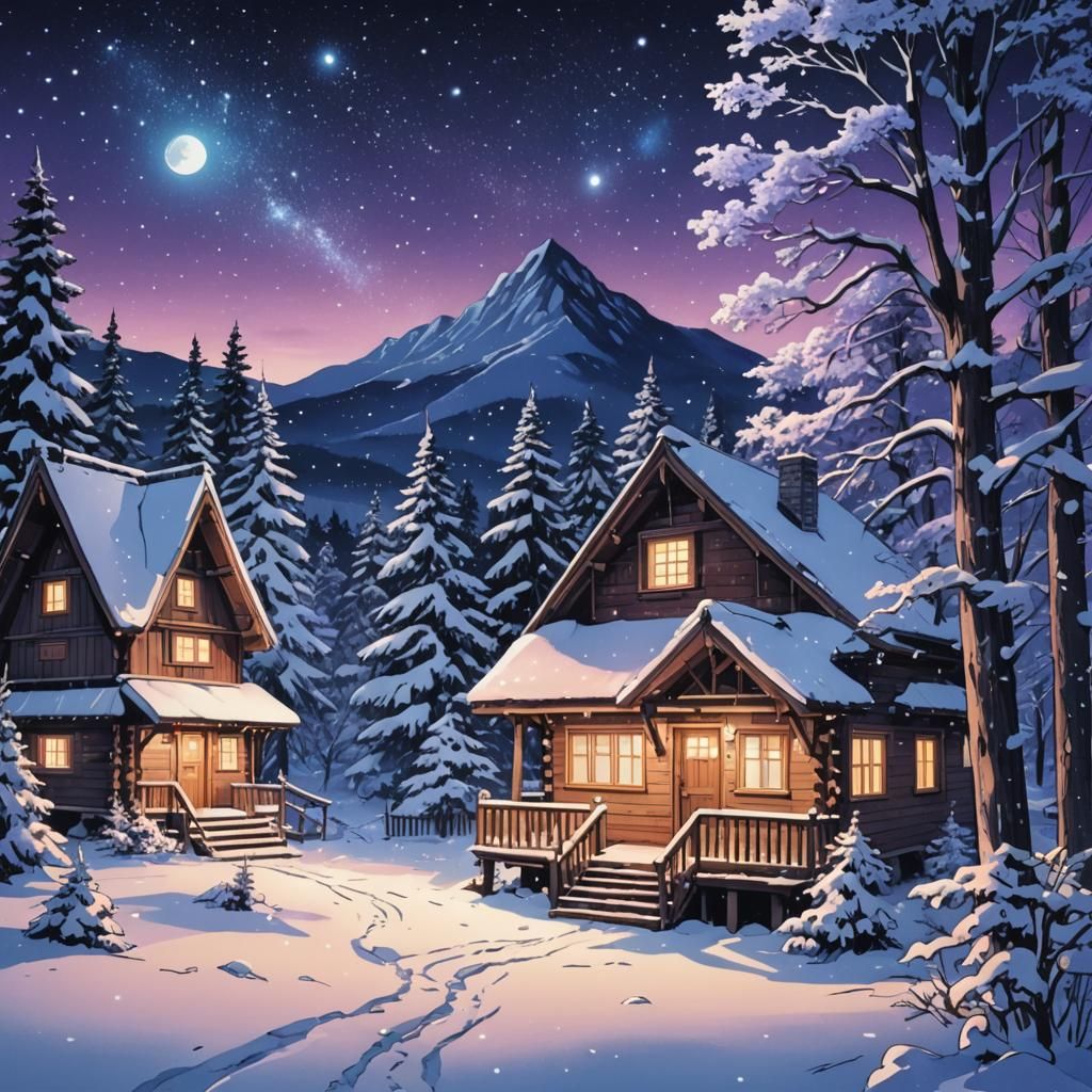 Cosmic Cabin Scene in Vibrant Anime Style