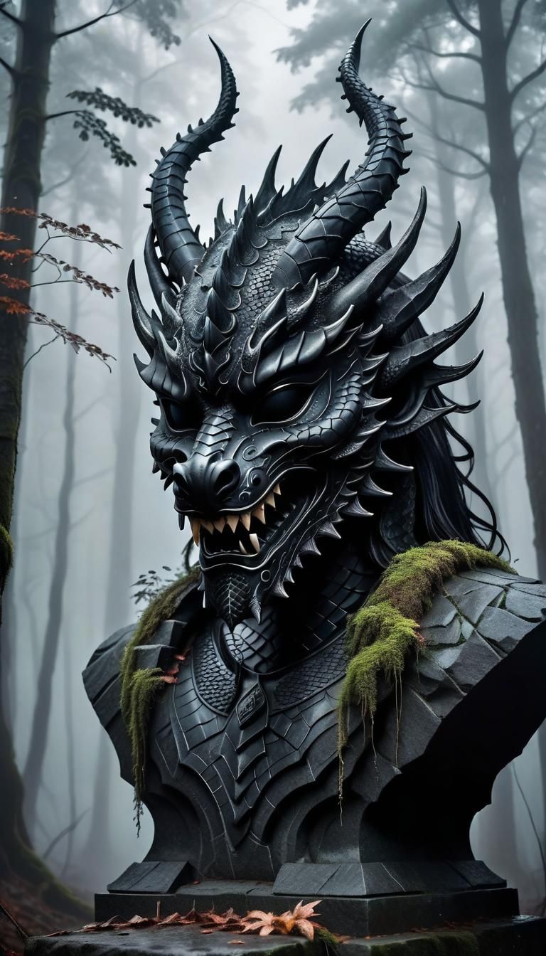 Intricate Black Dragon Mask in Foggy Forest