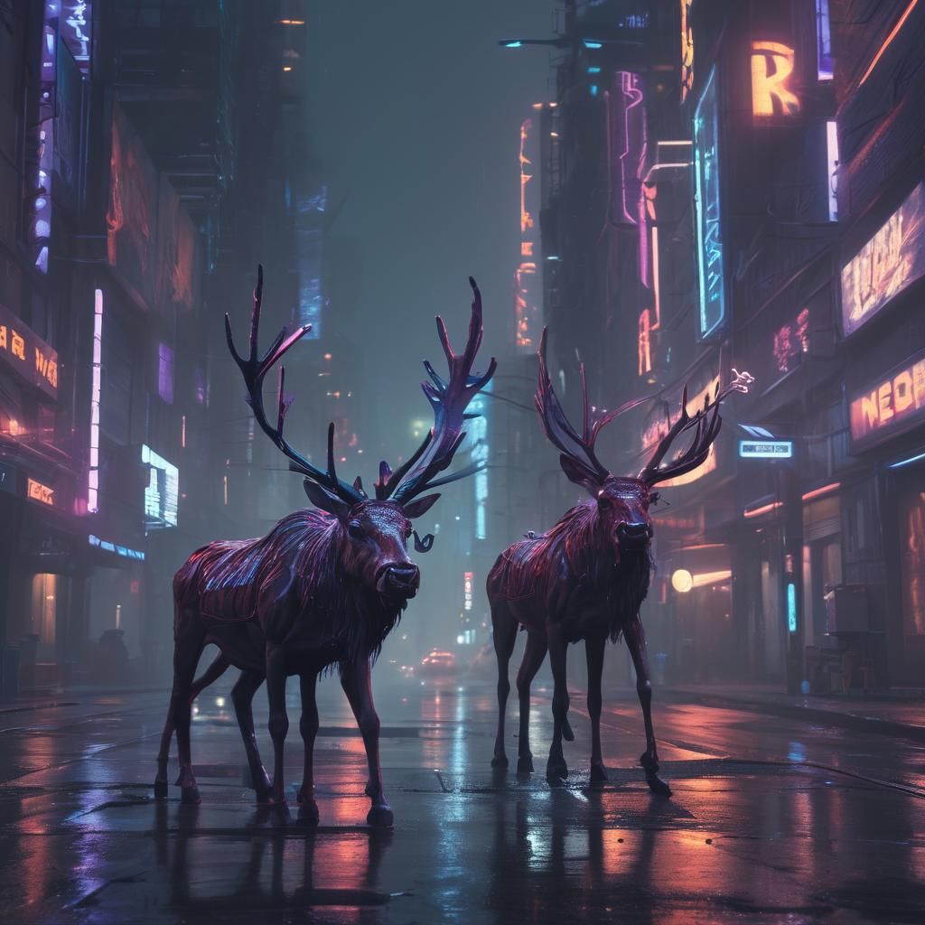 Cyberpunk Reindeer in Neon Cityscape