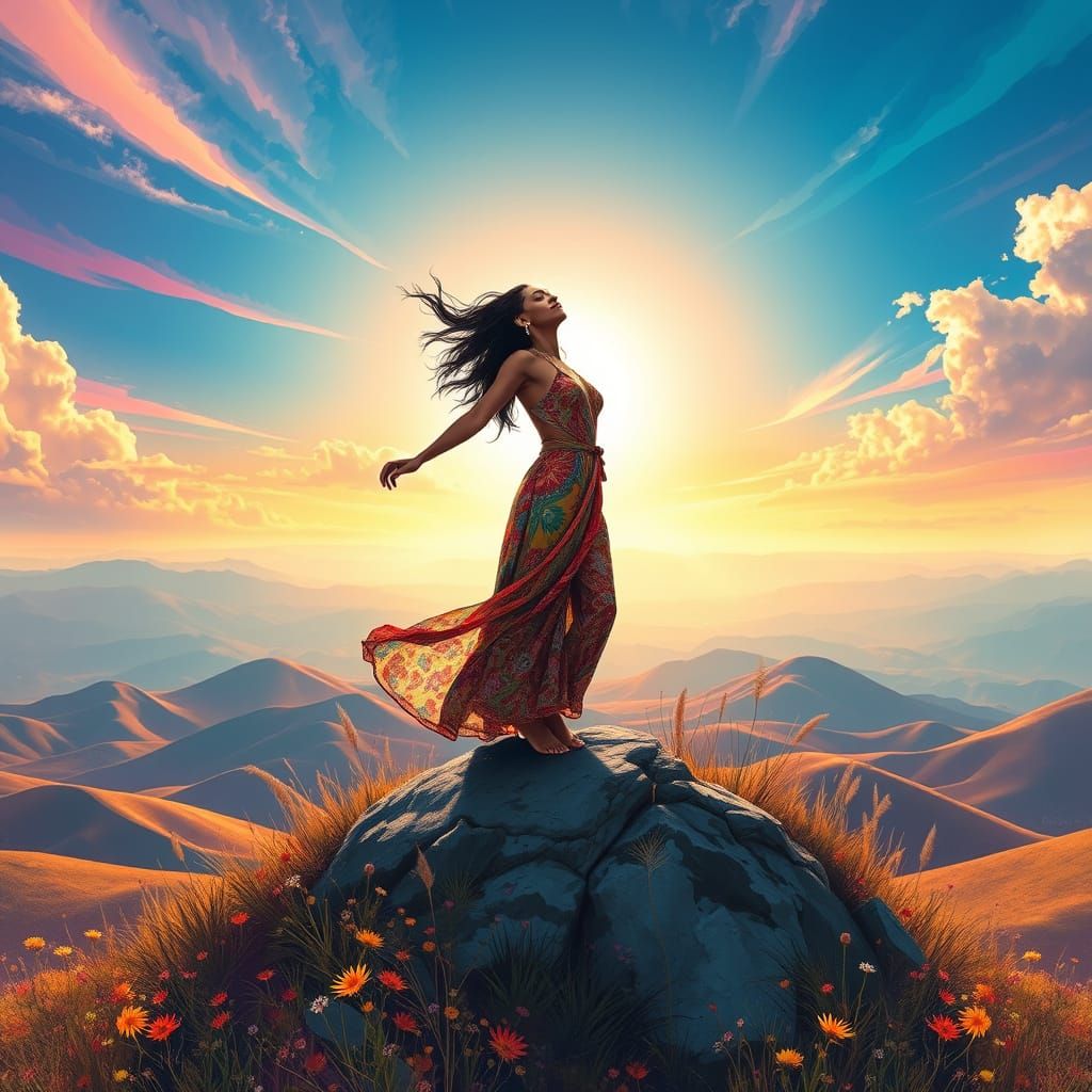 Empowered Bohemian Goddess Sings in Surreal Landscape