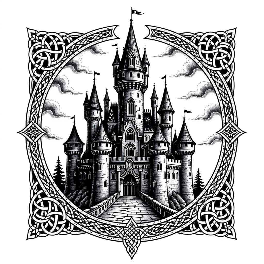 Gothic Castle Tattoo with Celtic Symbols