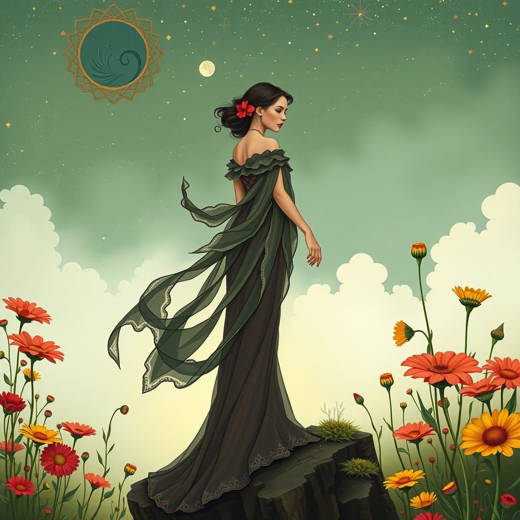 Elegant Woman on Misty Cliff in Art Nouveau Style