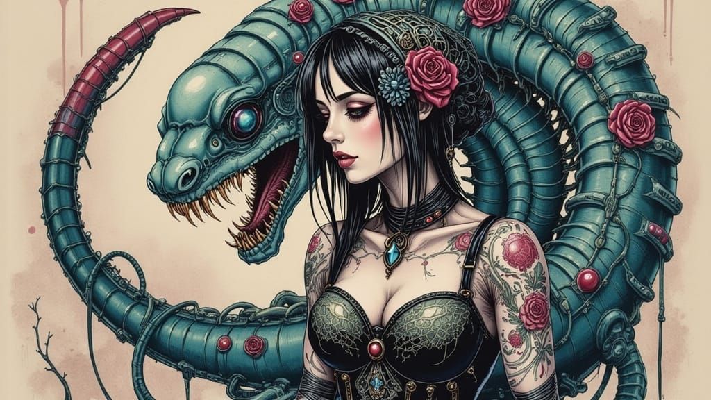 Pinup Woman in Biomechanical Hydra Scene