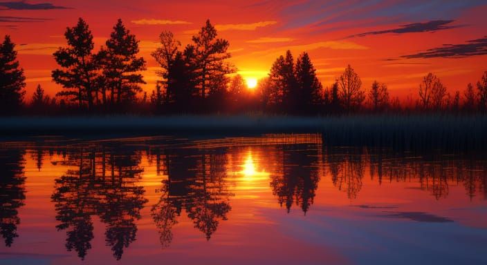 Fiery Sunset Wetland Reflection in Painterly Style