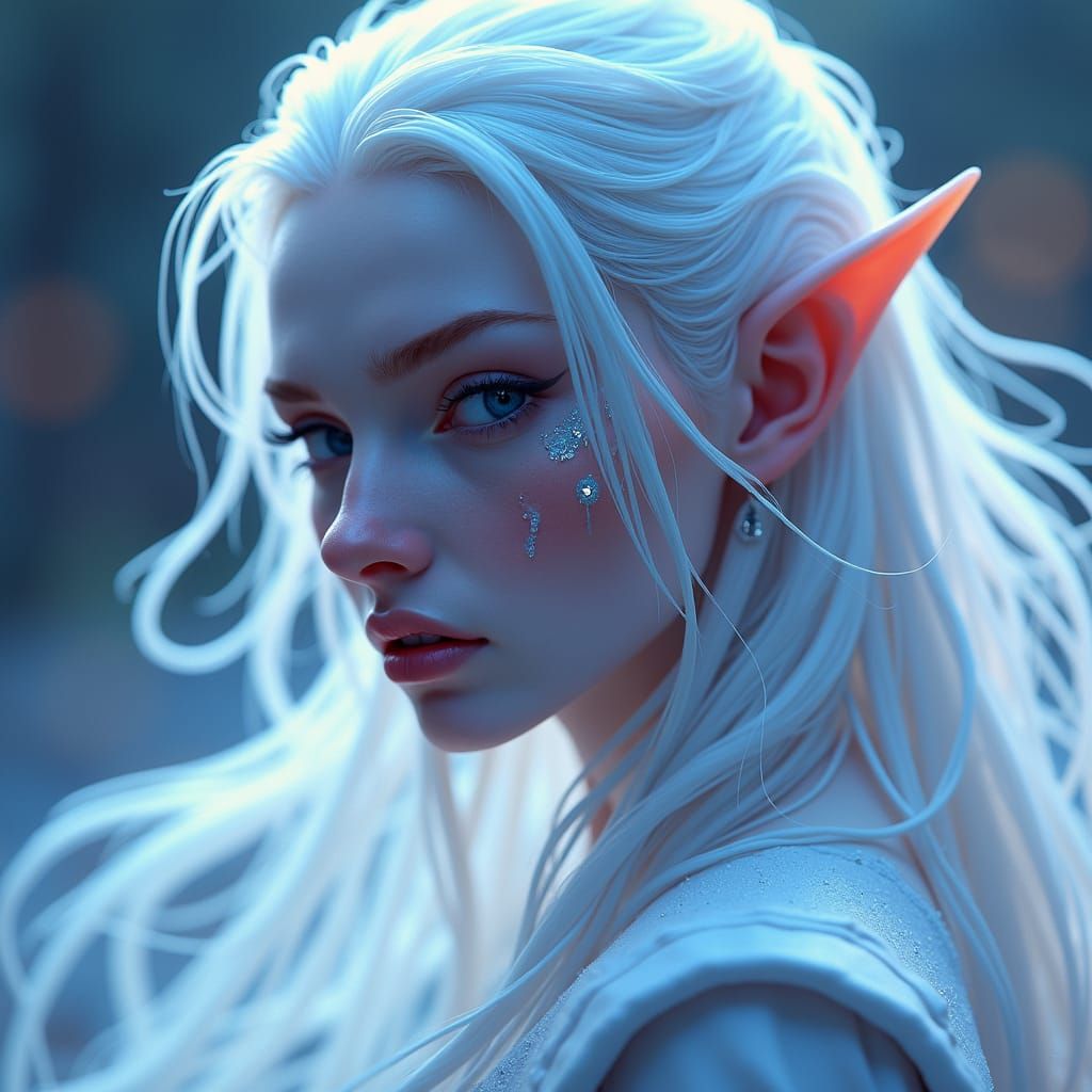 Icy Moon Elf with Flowing White Hair