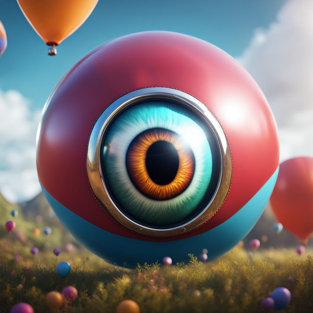 Surreal Smiling Eyeball Gazing at Balloon