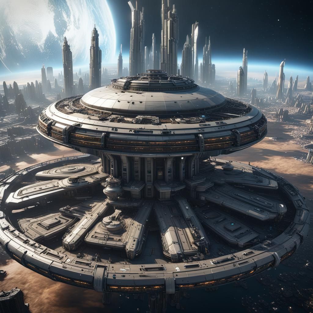 Rotating Starship City Departs Devastated Earth: 3D Render