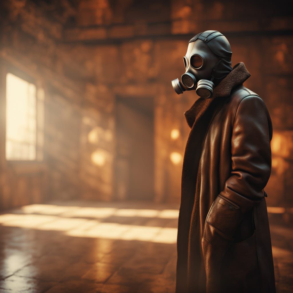 Mysterious Figure in Vintage Gas Mask with Coffee