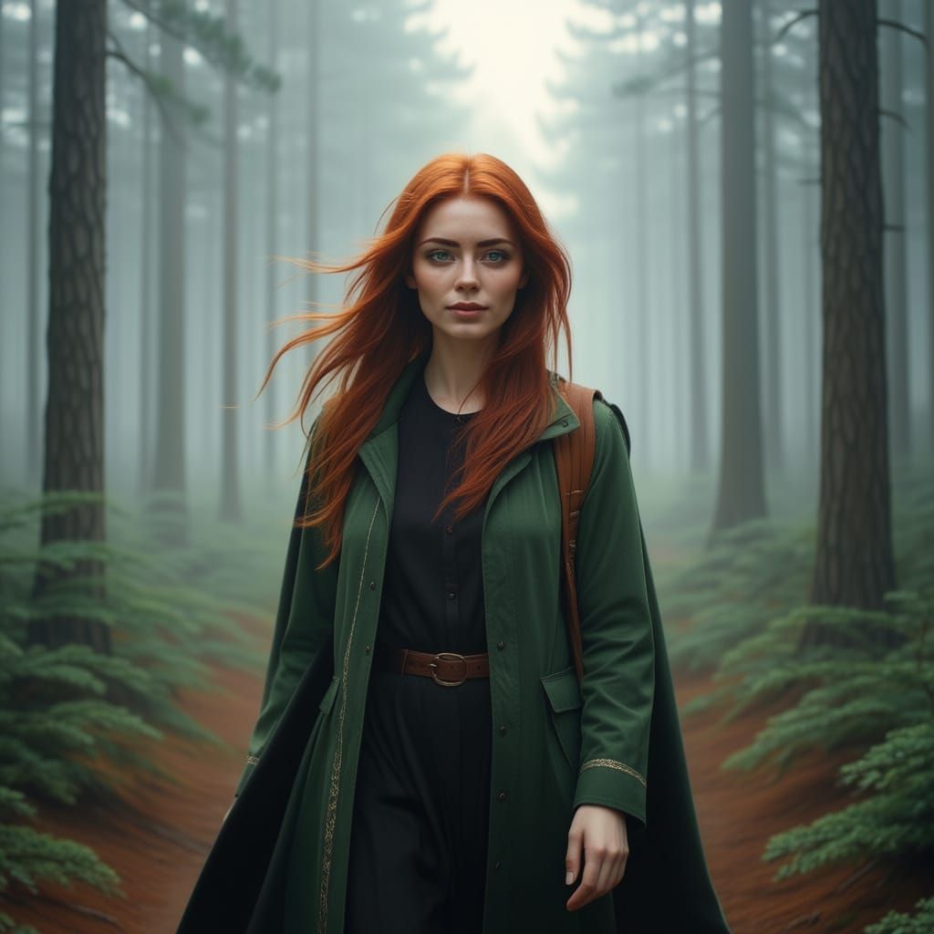 Mystical Foggy Forest with Red-Haired Traveler