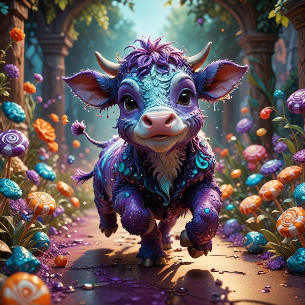 Chibi Purple Cow in Psychedelic Crochet Style