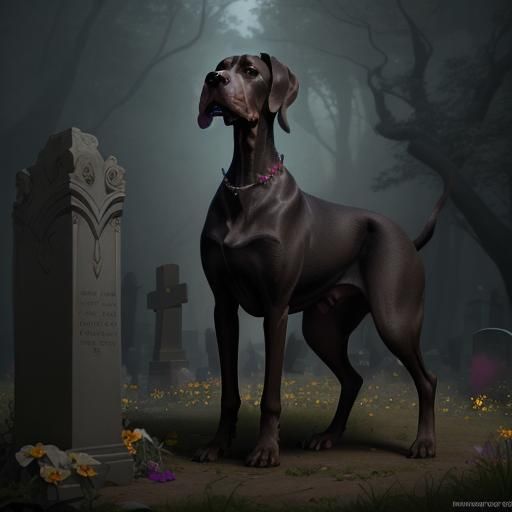 Great Dane with Flower Visits Grave, Matte Painting