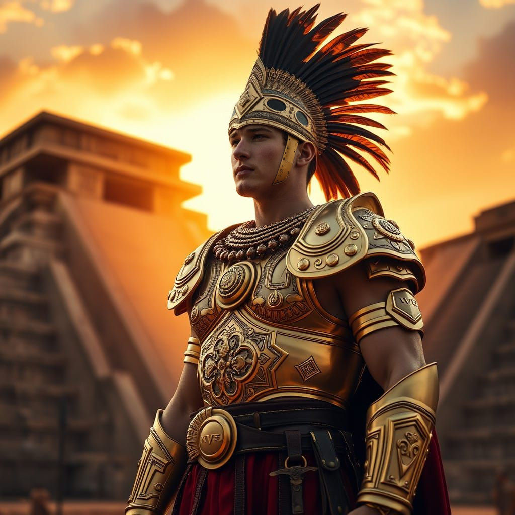 An Aztec temple bathed in the amber glow of sunset. Miles Teller, embodying a golden king, stands tall in ornate armor a...