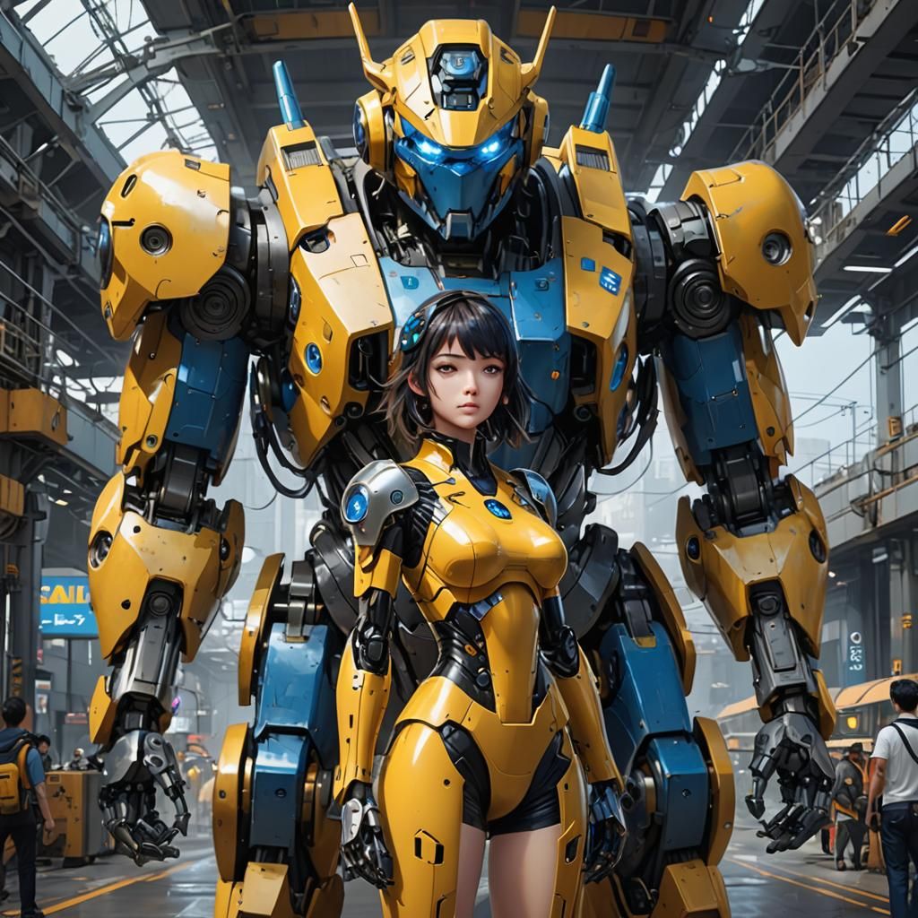 Girl Pilot Controls Giant Robot in Anime Style
