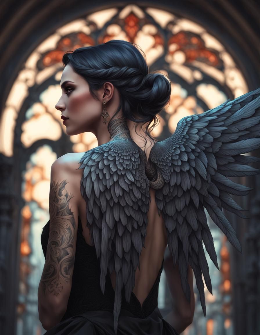 Gothic Woman with Angel Wings Tattoo