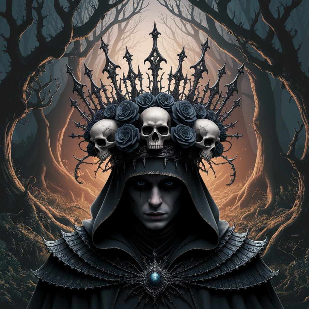 Mysterious Figure Crowned in Enchanted Forest