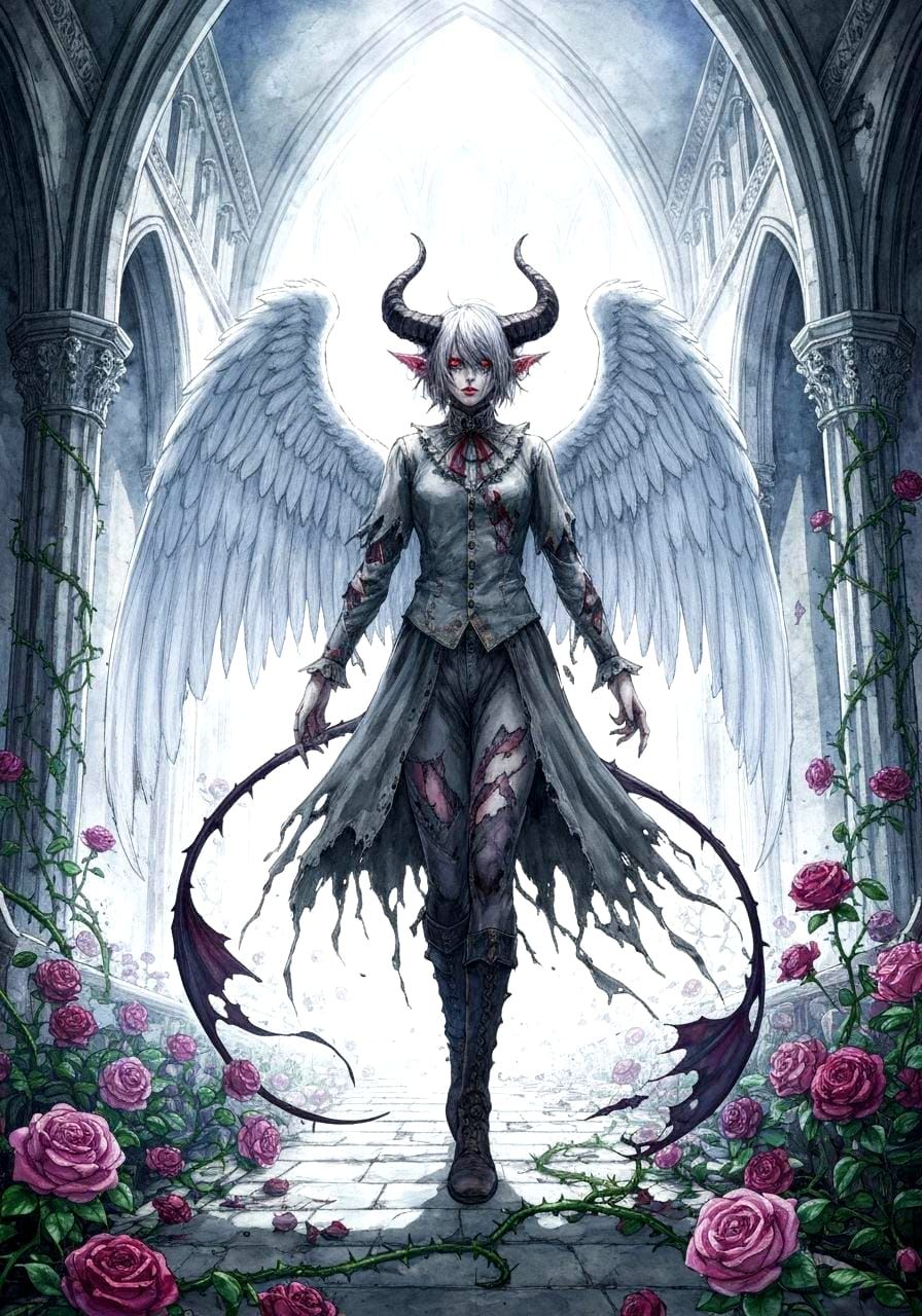 Demon-Angel Hybrid in Dilapidated Cathedral: Gothic Illustra...
