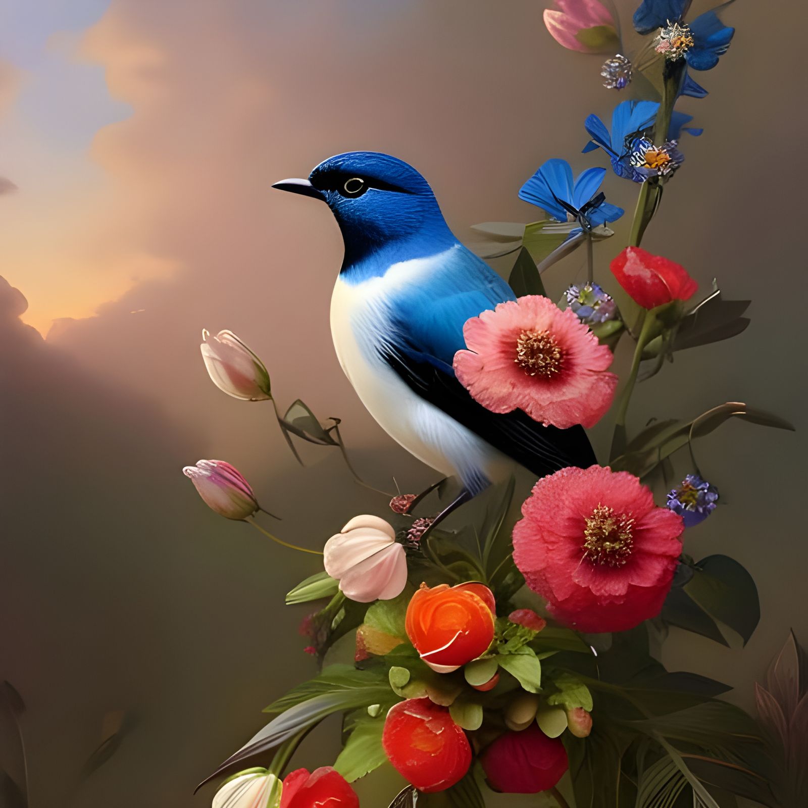 Blue Bird in Baroque Flower Garden