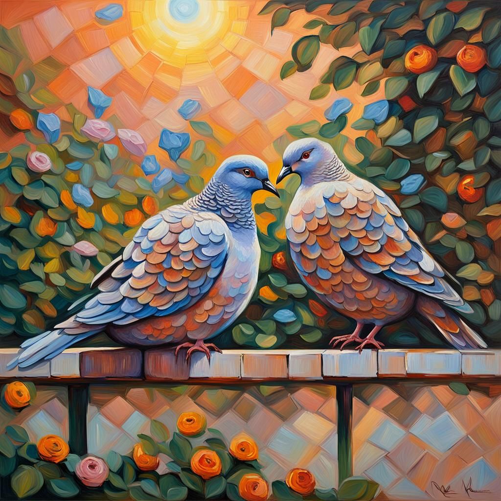 Turtledoves Preening at Sunrise in Impressionist Style