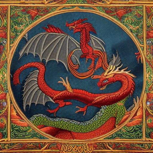 Medieval Tapestry: Dragon, Wyvern, and Rooster Embroidery