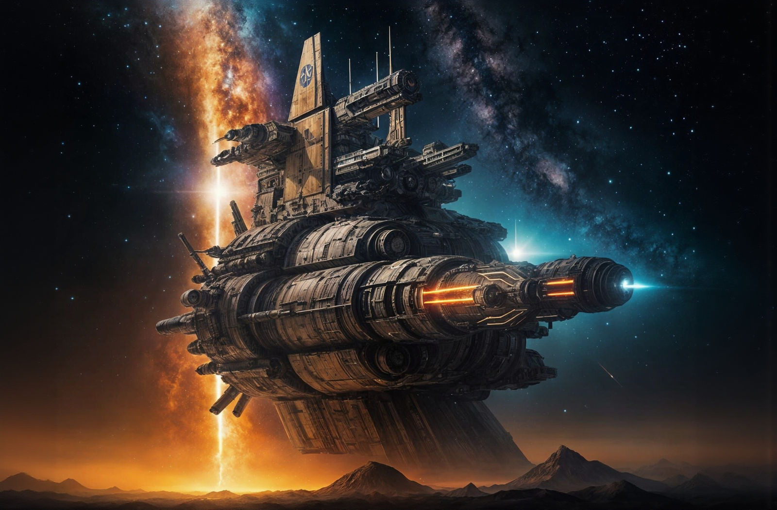 Gigantic Train Spaceship in Golden Nebula